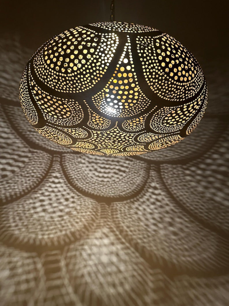 Handmade Moroccan Brass Disc Pendant Light – Pierced Brass Hanging Lantern with Floral Dot Pattern, Chain Suspension and Dramatic Ceiling Shadow Effects