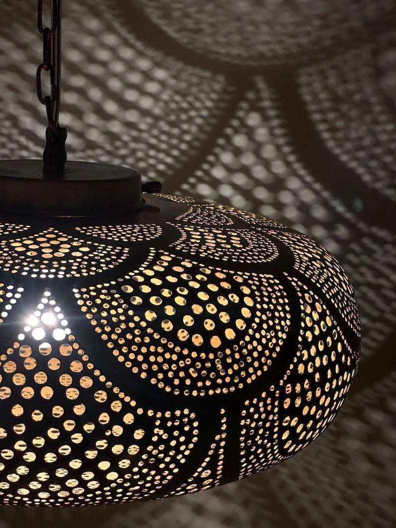 Handmade Moroccan Brass Disc Pendant Light – Pierced Brass Hanging Lantern with Floral Dot Pattern, Chain Suspension and Dramatic Ceiling Shadow Effects