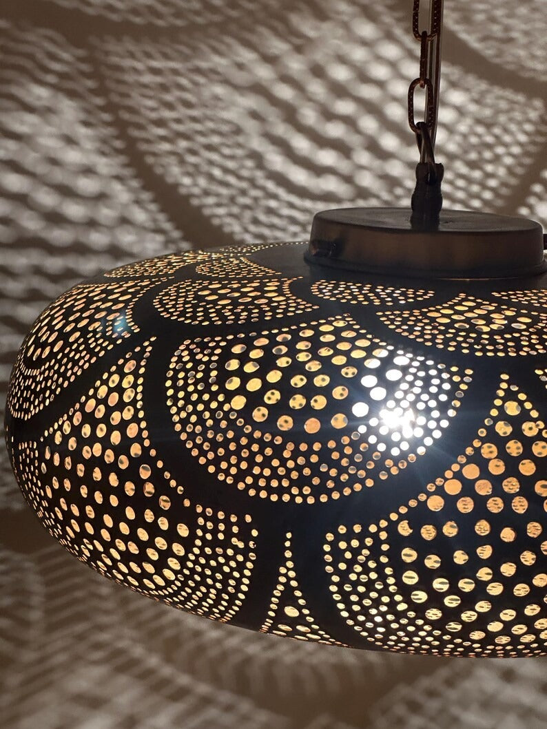 Handmade Moroccan Brass Disc Pendant Light – Pierced Brass Hanging Lantern with Floral Dot Pattern, Chain Suspension and Dramatic Ceiling Shadow Effects