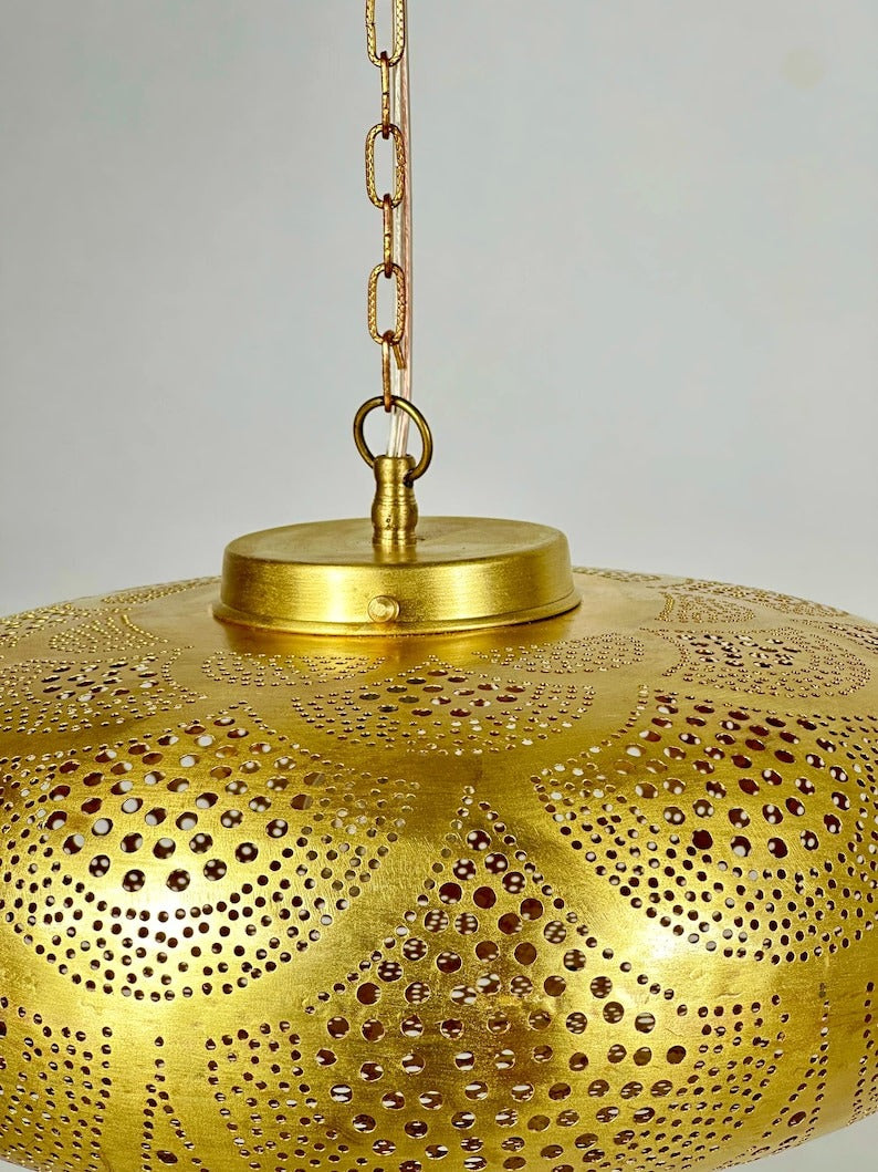 Handmade Moroccan Brass Disc Pendant Light – Pierced Brass Hanging Lantern with Floral Dot Pattern, Chain Suspension and Dramatic Ceiling Shadow Effects