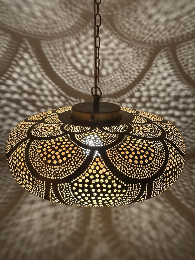 Handmade Moroccan Brass Disc Pendant Light – Pierced Brass Hanging Lantern with Floral Dot Pattern, Chain Suspension and Dramatic Ceiling Shadow Effects