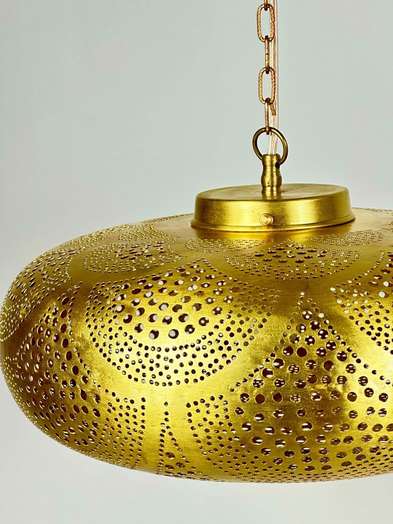 Handmade Moroccan Brass Disc Pendant Light – Pierced Brass Hanging Lantern with Floral Dot Pattern, Chain Suspension and Dramatic Ceiling Shadow Effects
