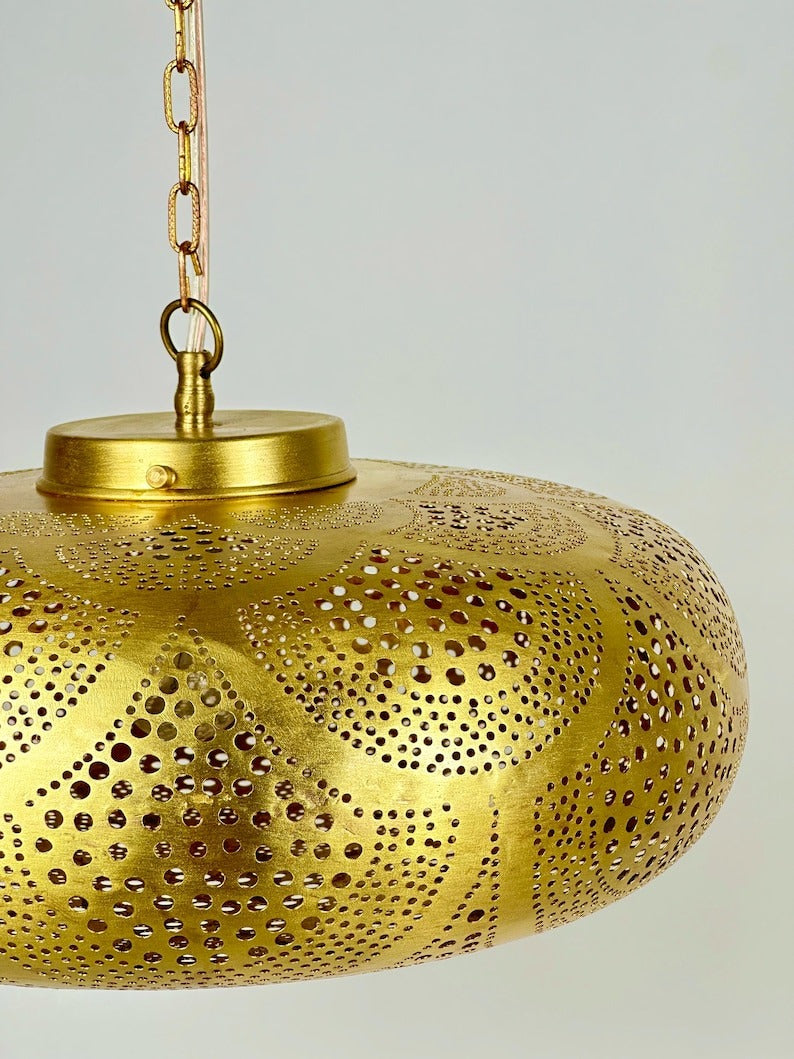Handmade Moroccan Brass Disc Pendant Light – Pierced Brass Hanging Lantern with Floral Dot Pattern, Chain Suspension and Dramatic Ceiling Shadow Effects
