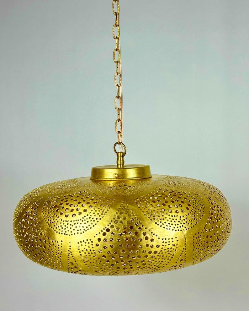 Handmade Moroccan Brass Disc Pendant Light – Pierced Brass Hanging Lantern with Floral Dot Pattern, Chain Suspension and Dramatic Ceiling Shadow Effects