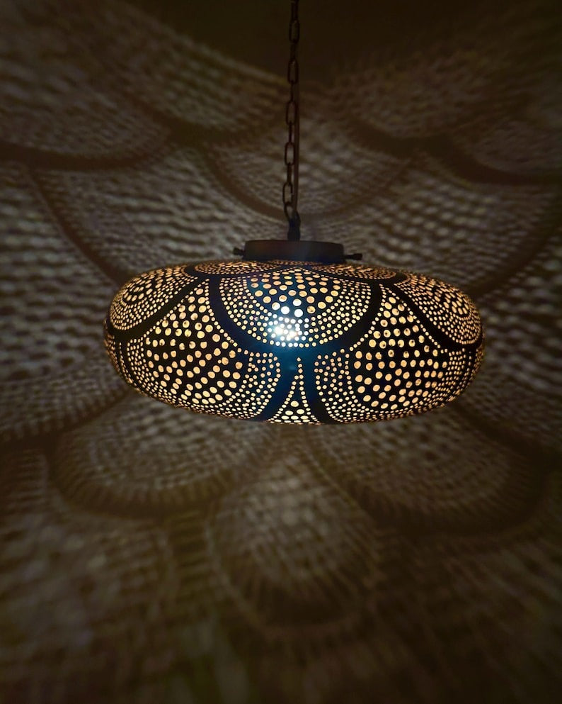 Handmade Moroccan Brass Disc Pendant Light – Pierced Brass Hanging Lantern with Floral Dot Pattern, Chain Suspension and Dramatic Ceiling Shadow Effects