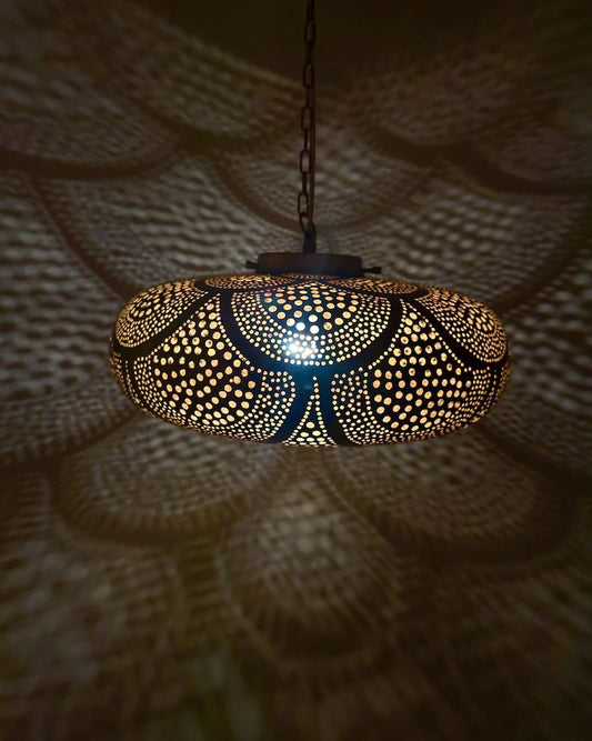 Handmade Moroccan Brass Disc Pendant Light – Pierced Brass Hanging Lantern with Floral Dot Pattern, Chain Suspension and Dramatic Ceiling Shadow Effects