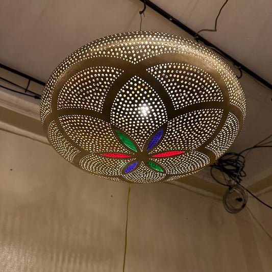 Moroccan Pierced Brass Saucer Pendant Light, Handmade Moorish Floral Chandelier with Colored Glass, Boho Arabic Shadow Lamp, Gold Filigree Ceiling Light Fixture