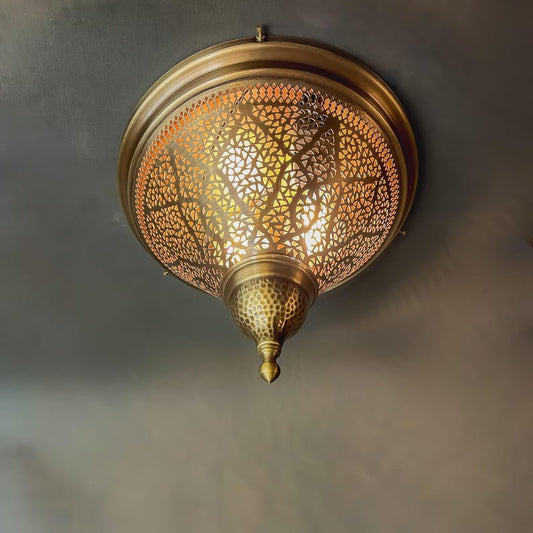 Handmade Moroccan Brass Flush Mount Ceiling Light – Pierced Geometric Globe Lantern with Hammered Finial, Antique Brass Moorish Ceiling Fixture for Bedroom, Hallway & Entryway