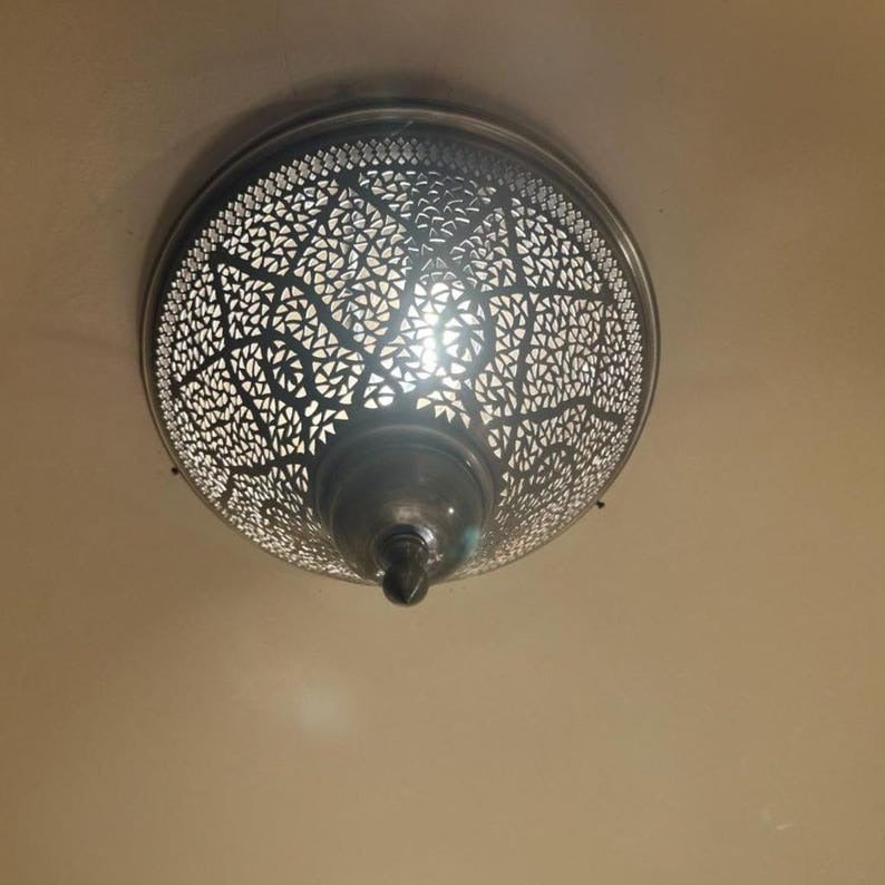 Handmade Moroccan Brass Flush Mount Ceiling Light – Pierced Geometric Globe Lantern with Hammered Finial, Antique Brass Moorish Ceiling Fixture for Bedroom, Hallway & Entryway