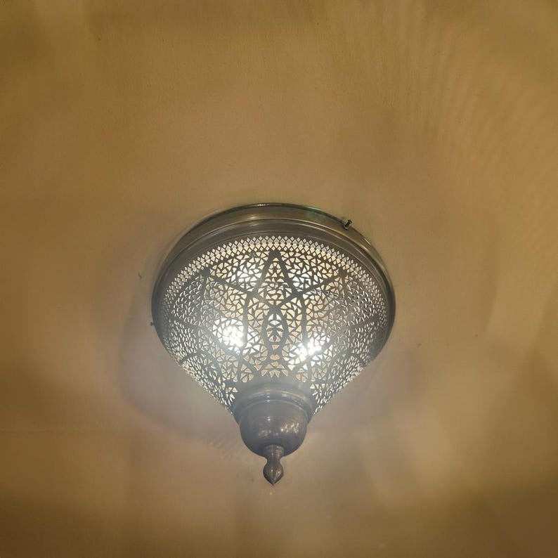 Handmade Moroccan Brass Flush Mount Ceiling Light – Pierced Geometric Globe Lantern with Hammered Finial, Antique Brass Moorish Ceiling Fixture for Bedroom, Hallway & Entryway