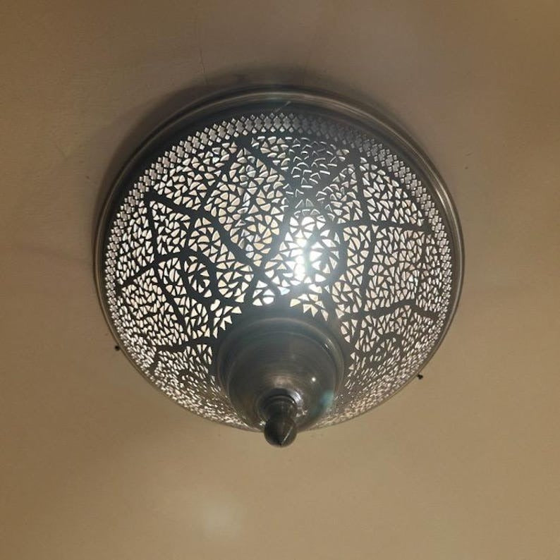 Handmade Moroccan Brass Flush Mount Ceiling Light – Pierced Geometric Globe Lantern with Hammered Finial, Antique Brass Moorish Ceiling Fixture for Bedroom, Hallway & Entryway