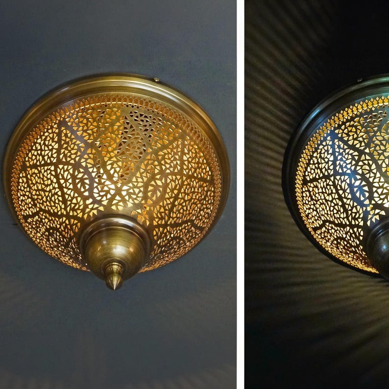 Handmade Moroccan Brass Flush Mount Ceiling Light – Pierced Geometric Globe Lantern with Hammered Finial, Antique Brass Moorish Ceiling Fixture for Bedroom, Hallway & Entryway