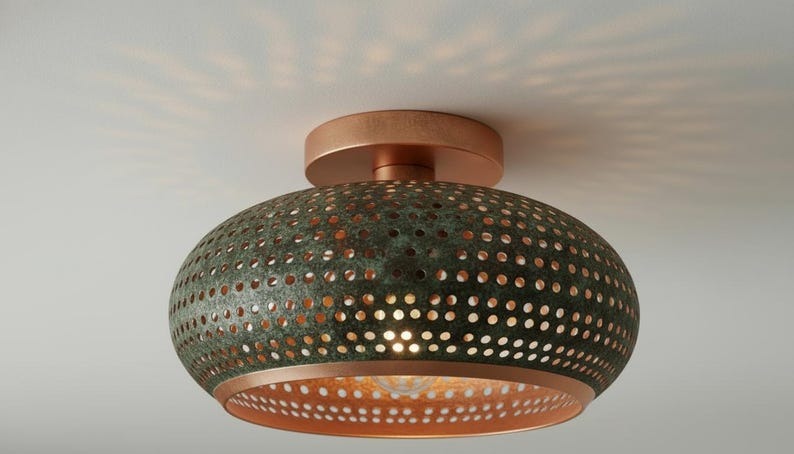 Handmade Moroccan Brass Flush Mount Ceiling Light – Green Verdigris Pierced Dome Fixture with Warm Copper Interior