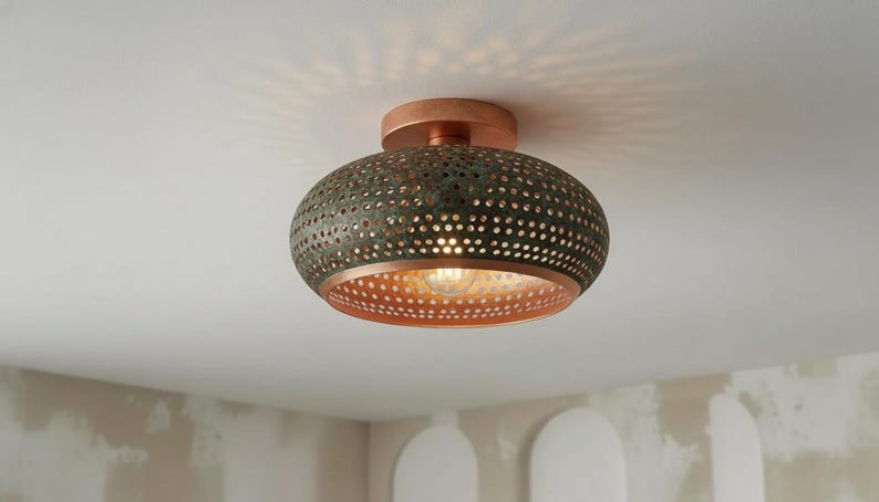 Handmade Moroccan Brass Flush Mount Ceiling Light – Green Verdigris Pierced Dome Fixture with Warm Copper Interior