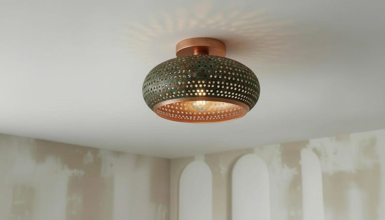 Handmade Moroccan Brass Flush Mount Ceiling Light – Green Verdigris Pierced Dome Fixture with Warm Copper Interior