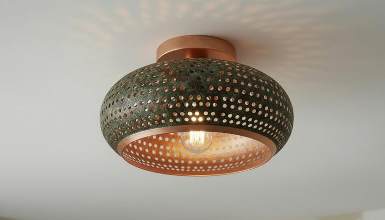 Handmade Moroccan Brass Flush Mount Ceiling Light – Green Verdigris Pierced Dome Fixture with Warm Copper Interior