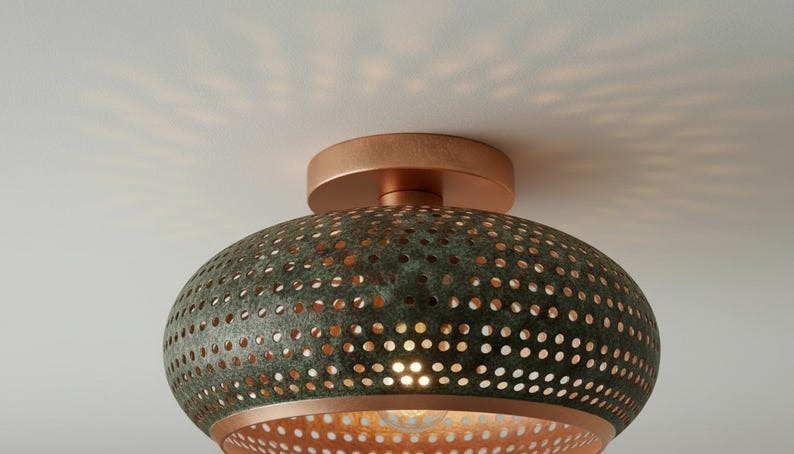 Handmade Moroccan Brass Flush Mount Ceiling Light – Green Verdigris Pierced Dome Fixture with Warm Copper Interior