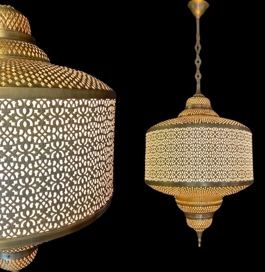 Handmade Moroccan Brass Pendant Light – Large Pierced Moorish Lantern with Geometric Arabesque Cutouts, Antique Gold Ceiling Light for Dining Room, Entryway & Living Room