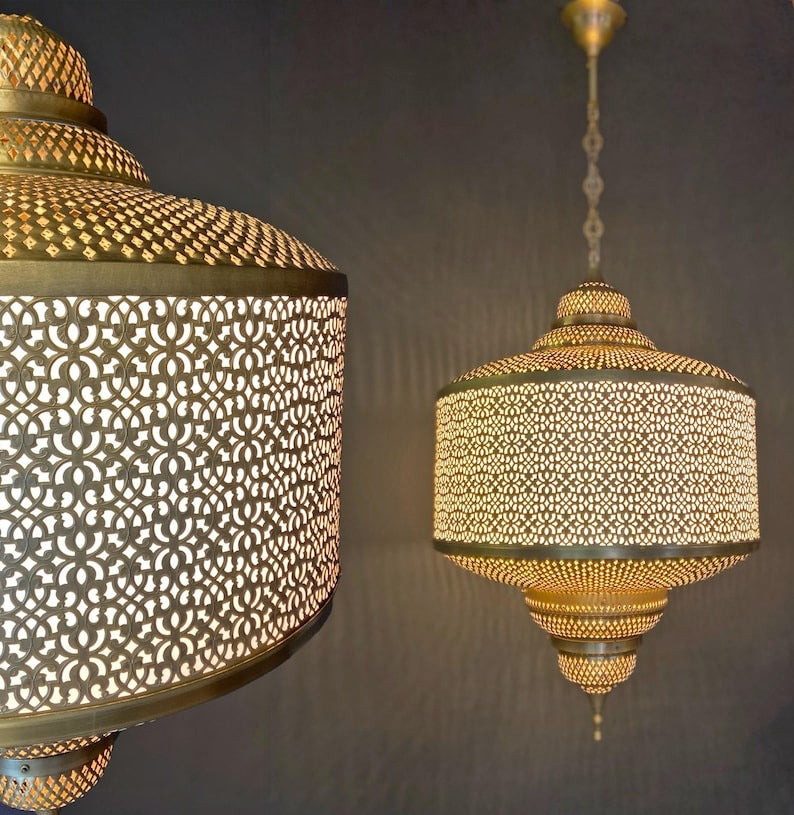 Handmade Moroccan Brass Pendant Light – Large Pierced Moorish Lantern with Geometric Arabesque Cutouts, Antique Gold Ceiling Light for Dining Room, Entryway & Living Room