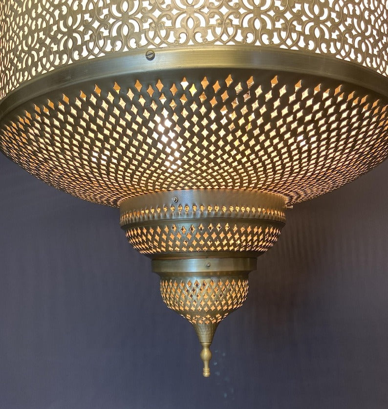 Handmade Moroccan Brass Pendant Light – Large Pierced Moorish Lantern with Geometric Arabesque Cutouts, Antique Gold Ceiling Light for Dining Room, Entryway & Living Room