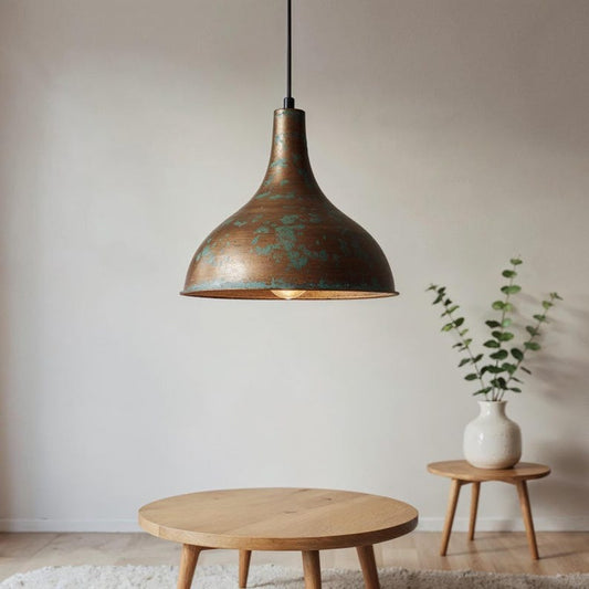 Aged Copper Funnel Pendant Light, Handmade Moroccan Green Patina Hanging Lamp, Rustic Verdigris Copper Kitchen Island Chandelier, Boho Farmhouse Ceiling Light Fixture