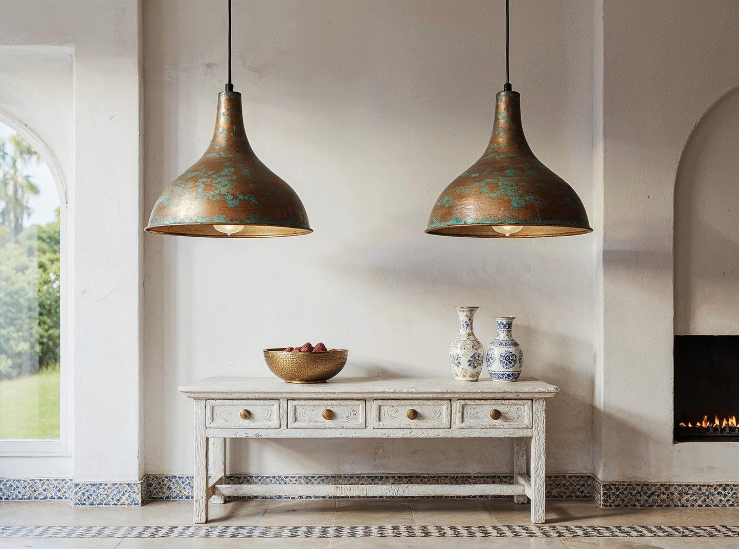 Aged Copper Funnel Pendant Light, Handmade Moroccan Green Patina Hanging Lamp, Rustic Verdigris Copper Kitchen Island Chandelier, Boho Farmhouse Ceiling Light Fixture