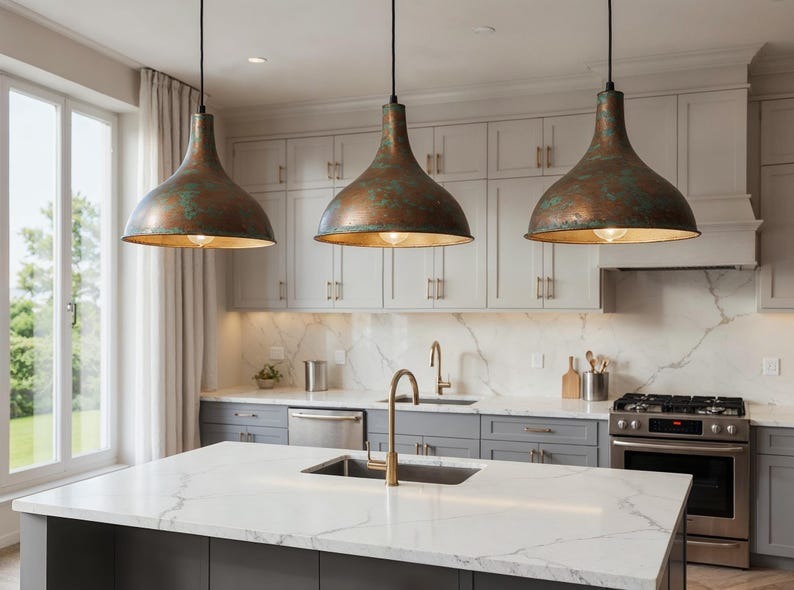 Aged Copper Funnel Pendant Light, Handmade Moroccan Green Patina Hanging Lamp, Rustic Verdigris Copper Kitchen Island Chandelier, Boho Farmhouse Ceiling Light Fixture