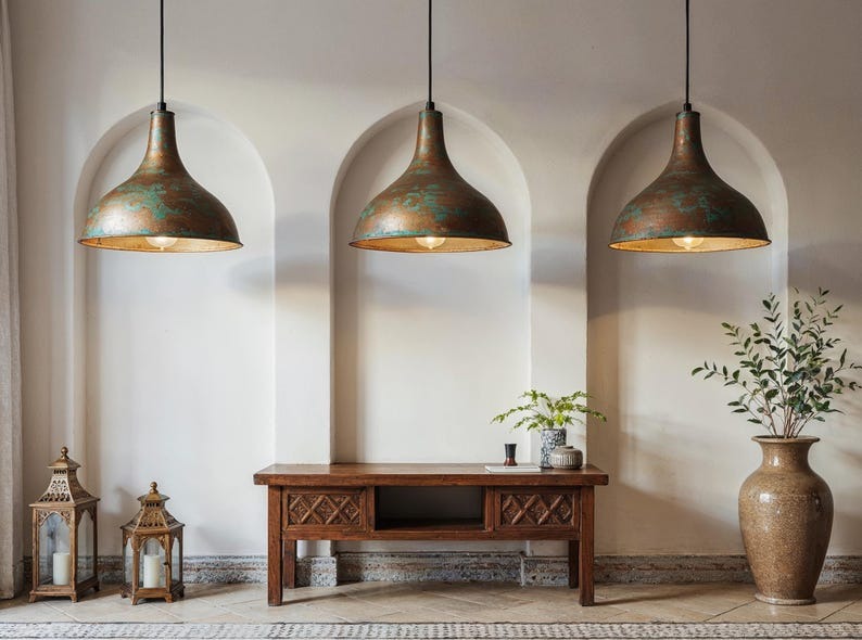 Aged Copper Funnel Pendant Light, Handmade Moroccan Green Patina Hanging Lamp, Rustic Verdigris Copper Kitchen Island Chandelier, Boho Farmhouse Ceiling Light Fixture