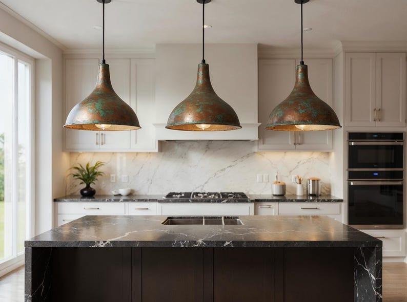 Aged Copper Funnel Pendant Light, Handmade Moroccan Green Patina Hanging Lamp, Rustic Verdigris Copper Kitchen Island Chandelier, Boho Farmhouse Ceiling Light Fixture
