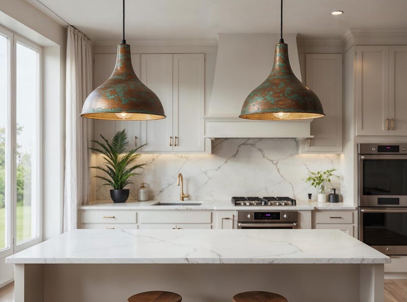 Aged Copper Funnel Pendant Light, Handmade Moroccan Green Patina Hanging Lamp, Rustic Verdigris Copper Kitchen Island Chandelier, Boho Farmhouse Ceiling Light Fixture