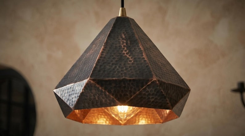Handmade Moroccan Brass Pendant Light – Geometric Faceted Dark Copper Ceiling Lamp, Hammered Diamond Pendant for Kitchen Island & Dining Room