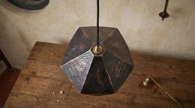 Set of 3 Handmade Moroccan Brass Pendant Lights – Geometric Faceted Dark Copper Ceiling Lamps, Hammered Diamond Kitchen Island Lighting