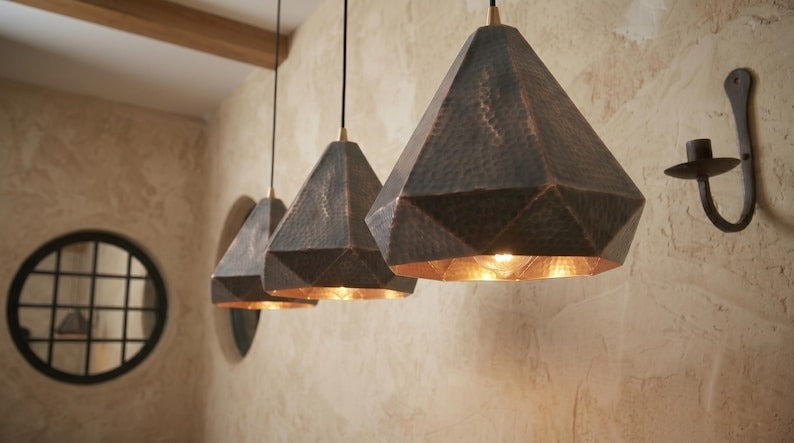 Set of 3 Handmade Moroccan Brass Pendant Lights – Geometric Faceted Dark Copper Ceiling Lamps, Hammered Diamond Kitchen Island Lighting