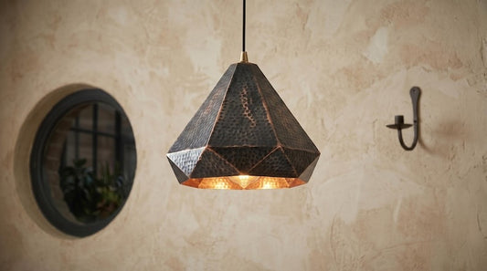 Handmade Moroccan Brass Pendant Light – Geometric Faceted Dark Copper Ceiling Lamp, Hammered Diamond Pendant for Kitchen Island & Dining Room