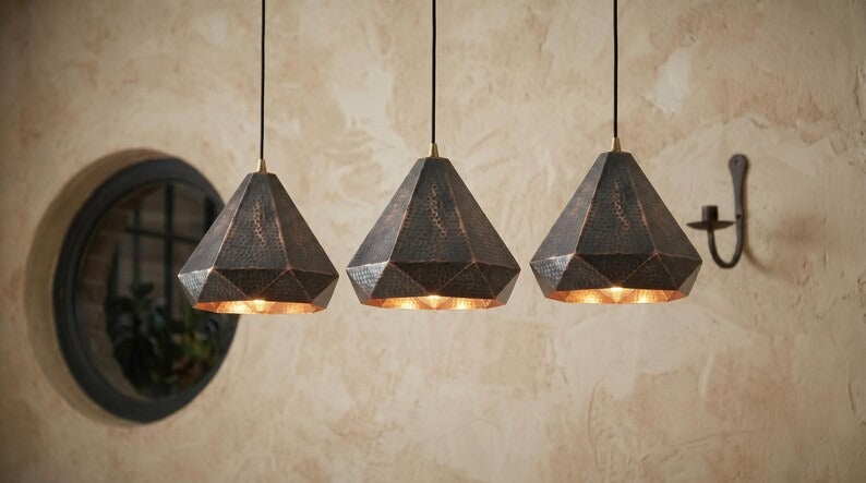 Set of 3 Handmade Moroccan Brass Pendant Lights – Geometric Faceted Dark Copper Ceiling Lamps, Hammered Diamond Kitchen Island Lighting