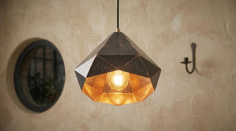 Handmade Moroccan Brass Pendant Light – Geometric Faceted Dark Copper Ceiling Lamp, Hammered Diamond Pendant for Kitchen Island & Dining Room