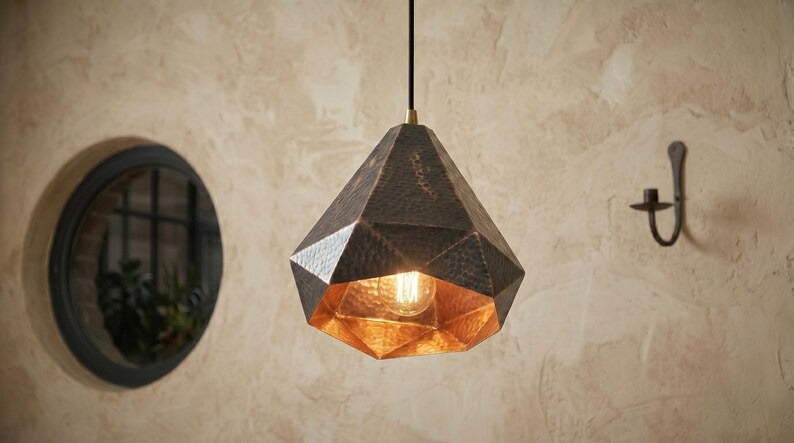Handmade Moroccan Brass Pendant Light – Geometric Faceted Dark Copper Ceiling Lamp, Hammered Diamond Pendant for Kitchen Island & Dining Room
