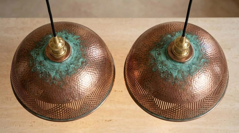 Handmade Moroccan Brass Pendant Light – Hammered Copper Dome with Pierced Geometric Pattern and Green Verdigris Patina