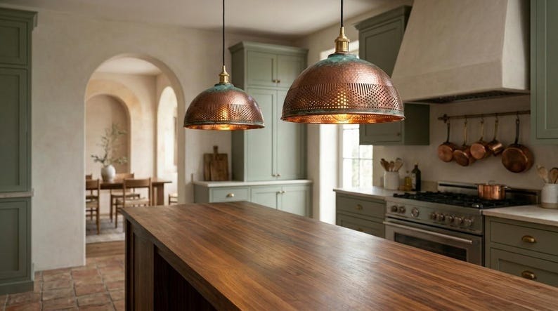Handmade Moroccan Brass Pendant Light – Hammered Copper Dome with Pierced Geometric Pattern and Green Verdigris Patina
