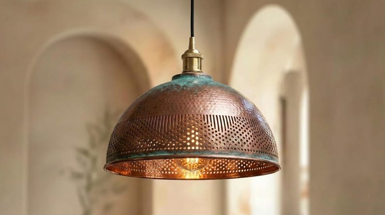 Handmade Moroccan Brass Pendant Light – Hammered Copper Dome with Pierced Geometric Pattern and Green Verdigris Patina