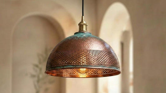Handmade Moroccan Brass Pendant Light – Hammered Copper Dome with Pierced Geometric Pattern and Green Verdigris Patina