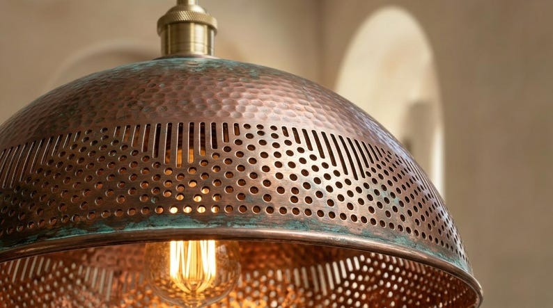 Handmade Moroccan Brass Pendant Light – Hammered Copper Dome with Pierced Geometric Pattern and Green Verdigris Patina