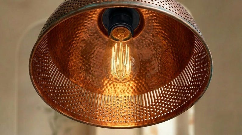 Handmade Moroccan Brass Pendant Light – Hammered Copper Dome with Pierced Geometric Pattern and Green Verdigris Patina
