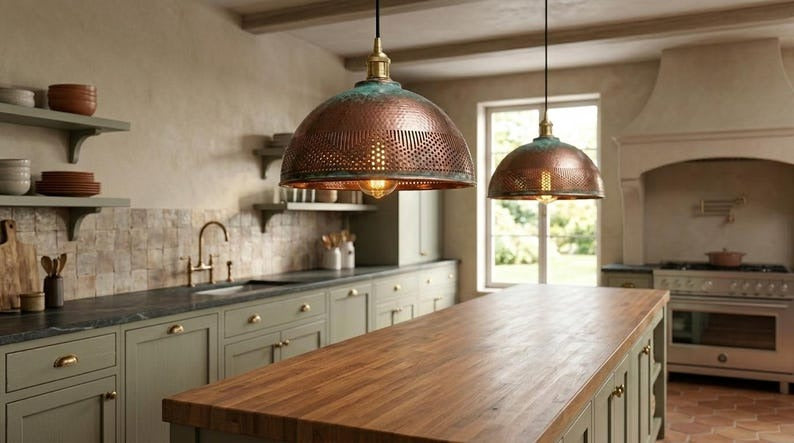 Handmade Moroccan Brass Pendant Light – Hammered Copper Dome with Pierced Geometric Pattern and Green Verdigris Patina