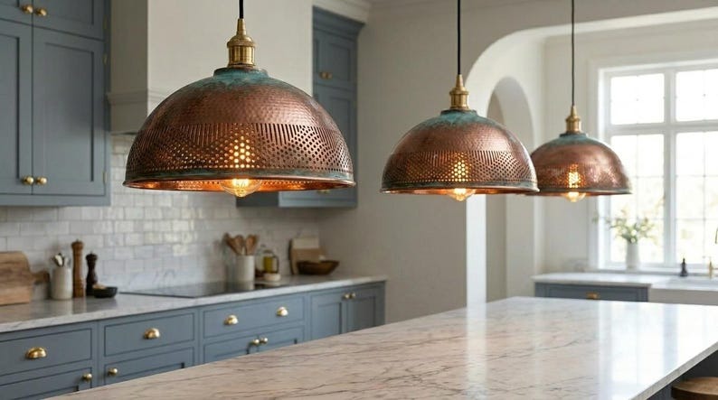 Handmade Moroccan Brass Pendant Light – Hammered Copper Dome with Pierced Geometric Pattern and Green Verdigris Patina