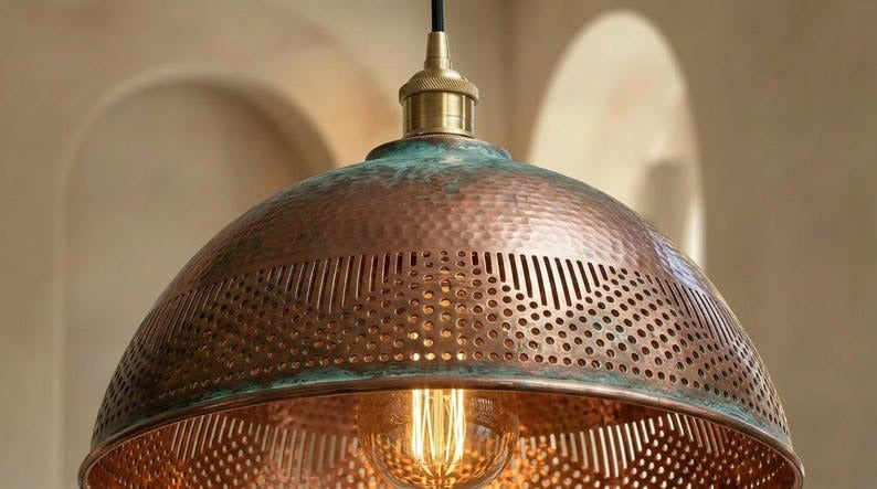 Handmade Moroccan Brass Pendant Light – Hammered Copper Dome with Pierced Geometric Pattern and Green Verdigris Patina