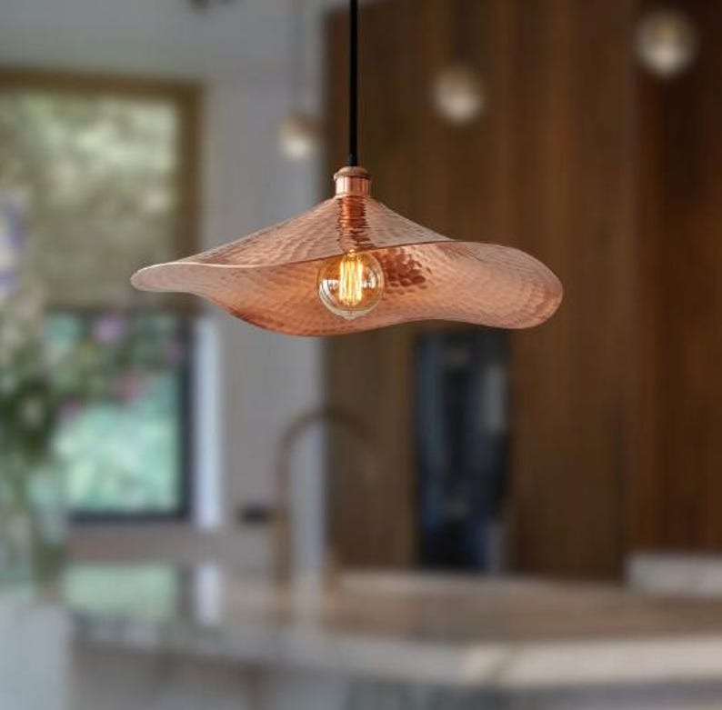 Handmade Hammered Brass Pendant Light – Moroccan Copper Wave Saucer Hanging Lamp for Kitchen Island, Dining Room & Modern Boho Home Décor