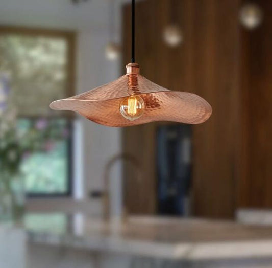 Handmade Hammered Brass Pendant Light – Moroccan Copper Wave Saucer Hanging Lamp for Kitchen Island, Dining Room & Modern Boho Home Décor