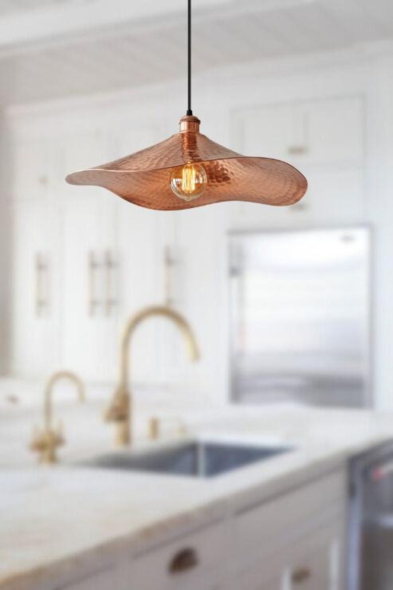 Handmade Hammered Brass Pendant Light – Moroccan Copper Wave Saucer Hanging Lamp for Kitchen Island, Dining Room & Modern Boho Home Décor