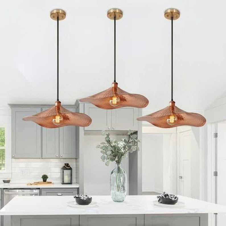 Handmade Hammered Brass Pendant Light – Moroccan Copper Wave Saucer Hanging Lamp for Kitchen Island, Dining Room & Modern Boho Home Décor